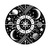 A monochrome circular illustration depicting a celestial with planets, moons, stars, and intricate geometric patterns, evoking the cosmos. vector
