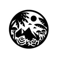 Black and white circular illustration of a tropical landscape, featuring mountains, palm trees, flora, sun, and clouds. vector