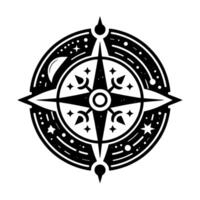 Stylized Celestial Compass Featuring a Crescent Moon, Stars, and Geometric Navigation Elements in Bold Black and White vector
