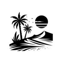 Silhouette scene of a tropical paradise featuring two palm trees, sand dunes, a stylized sun, and birds against a bright background. vector