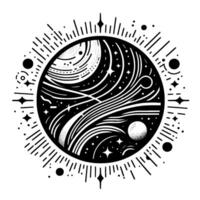 Black and white minimalist cosmic illustration featuring stylized celestial elements within a circular radiating energy lines. vector