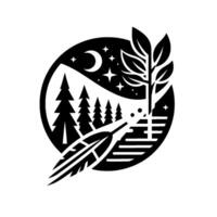 Symbolic black and white featuring a serene night forest scene in a circle, with crescent moon, stars, trees, feather, and leaves. vector