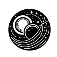 Black and white circular space illustration with planets, stars, and lines, creating a minimalist astronomical design. vector