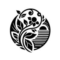 Black and white, symmetrical circular with stylized floral elements, leaves, and a geometric structure, creating a balance between nature and form. vector