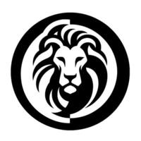 A bold, black and white lion head centered within a contrasting circular frame, showcasing strong lines and shadow play. vector