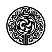 Intricate Black and White Circular Ornament Featuring Swirls, Spirals, and Ornamental Details, Centered on a Stem Against White. vector