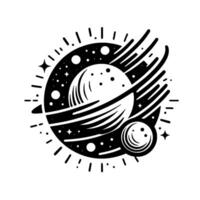 Celestial Orbit A minimalist black and white illustration showcasing a planet with rings, orbiting moons, and starburst accents. vector