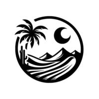 Silhouette of a desert landscape encircled by a black ring, featuring a palm tree, cactus, rolling hills, mountains, and crescent moon on white background. vector
