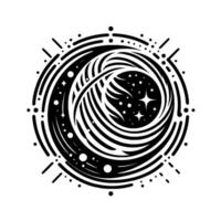 Black and white stylized celestial illustration with concentric circles, starfield center, and radiating lines on white. vector