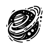 Bold Black and White of Saturnlike Planet with Rings, Stars, and Celestial Orbits. vector