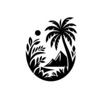 Silhouette of a tropical landscape within an oval frame, featuring a palm tree, mountains, sun, foliage, and water, in a minimalist design. vector