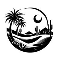 Stylized blackandwhite desert scene within a circular frame, featuring palm trees, cacti, moon, and rolling hills. vector