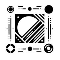 Abstract Black and White Geometric Composition Featuring Circles, Lines, Dots, and Rectilinear Shapes in a Balanced Arrangement. vector