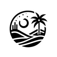 Monochromatic desert night scene in a circle frame silhouette of palm tree, moon, hills, and stars. vector