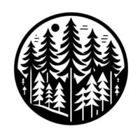 Stylized Black and White Forest Scene within a Circle Depicting Pines, Sun, and Landscape. vector