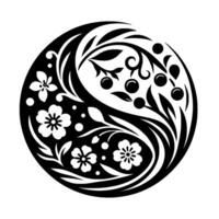 Yin Yang floral featuring a balance of flowers and berries in a circular black and white illustration. vector