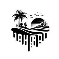 Black white desert landscape in heart shape, including palm tree, cacti, sun and birds, with dripping effect at the base, conveying minimalistic, artistic design. vector