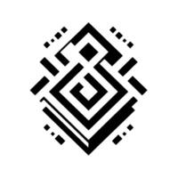 Abstract Black and White Geometric Pattern in Diamond Shape, Featuring Angular Lines, Squares, and a Central Concentric Design. vector