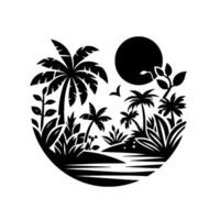 Silhouetted tropical island scene with palm trees, sun, vegetation, and bird, enclosed in a black circle against a white background. vector