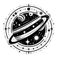 Detailed Black and White Illustration of a Planetary System with Ornate Circular Frame and Cosmic Elements. vector