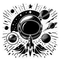Bold Black and White Space Illustration Astronaut Helmet, Rocket, Planets, Stars, and Cosmic Elements in a Style. vector