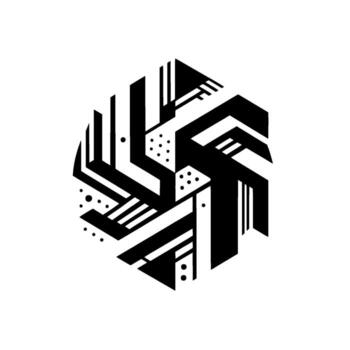 Geometric hexagonal featuring interwoven black and white abstract shapes, angular lines, and minimal dot detailing, modern graphic. vector