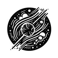 Monochrome Space Illustration with swirling galaxy center, starry background, flowing lines, and celestial bodies. vector