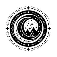 Intricate celestial mandala depicting mountains under a crescent moon, surrounded by stars and decorative borders, in a black and white style. vector