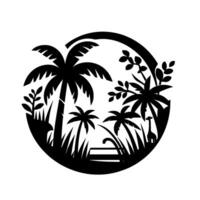 Silhouette of a tropical scene within a circle, featuring palm trees, various plants, tall grass, and a giraffe, rendered in stark black and white, creating a cutout paper aesthetic. vector