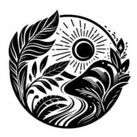 Monochromatic Circular Illustration Nature Scene with Sun, Bird, Mountains, River, and Lush Botanical Elements. vector