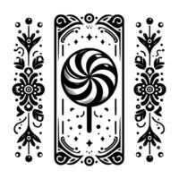 Bold Black and White Decorative featuring a Swirl Lollipop Centered within a Framed Floral and Geometric Border. vector