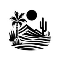 Minimalist monochrome desert landscape with palm tree, cactus, mountains, sun, and rolling sand dunes. vector