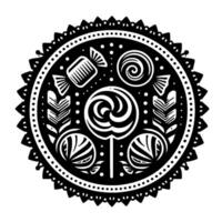 Black and white circular illustration featuring stylized candies, lollipop, sweets, and decorative elements in a symmetrical, decorative mandala pattern. vector