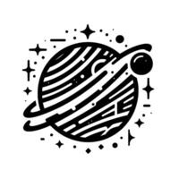Bold Black and White Illustration of a Striped Planet with Rings and an Orb, Surrounded by Stars and Celestial Elements. vector