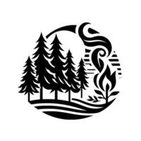 A stylized black and white illustration featuring pine trees and fire within a circular design, evoking nature and wilderness. vector