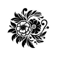 Intricate Black and White Floral Ornament A symmetrical of stylized flowers, leaves, and berries set against a blank white backdrop. vector