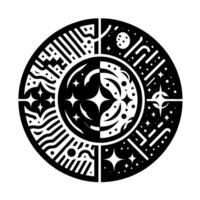 Celestial Alignment Black and white circular design, geometric cosmic arrangement, stars, moons, and symbolic patterns divided into quadrants. vector
