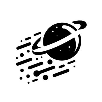 Black and White Illustration of a Ringed Planet with Speed Trails, suggesting rapid movement in space against a white background. vector