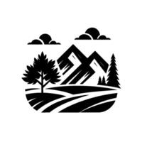 Stylized black and white landscape featuring mountains, tree, pine, clouds, and rolling fields in a minimalist style. vector