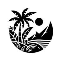 Black and White Circular Tropical Island Scene with Palm Tree, Sun, Mountains, and Ocean, Minimalist Illustration. vector