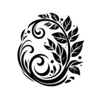 Elegant black and white circular floral with stylized leaves and swirling elements, creating a balanced, decorative pattern. vector