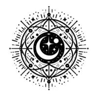 Intricate Black and White Celestial Mandala Crescent Moon, Stars, and Geometric Patterns on White Background. vector