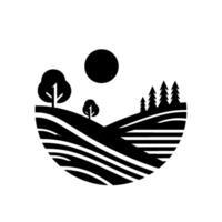 Minimalist Black and White Silhouette of a Rolling Landscape Featuring Trees, Pines, a Sun, and Field Lines in a Circular Composition. vector