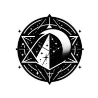 Mystical Celestial Sigil Black White Geometric Featuring Crescent Moon, Stars, Hexagram, Circular Framework. vector