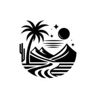 Black and white minimalist desert landscape illustration within a circle featuring palm tree, cactus, mountain range, sun, stars, and winding river. vector