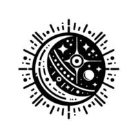 A stylized black and white celestial emblem, a crescent moon encircled by radial starbursts, stars, and celestial elements. vector