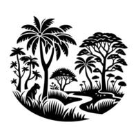 Silhouette of African savanna scene, circle composition with a leopard, palms, winding river, various plants and trees, black and white. vector