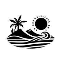 Minimalist Black and White Illustration Island Paradise with Palm Tree, Cactus, Mountains, Sun, and Ocean Waves. vector