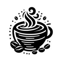 Minimalist black and white coffee cup illustration with steam, coffee beans, and a simple, elegant on a white background. vector
