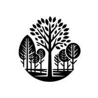 Minimalist Black White Forest Silhouette in Circle, Featuring Trees of Various Shapes and Sizes on White Background. vector